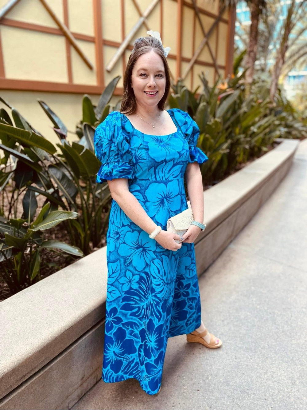 Vintage Blue Tropical Puff-Sleeve Maxi Dress